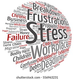 Vector concept conceptual mental stress at workplace or job abstract word cloud isolated on background metaphor to health, work, depression, problem, exhaustion, breakdown, deadlines, risk, pressure