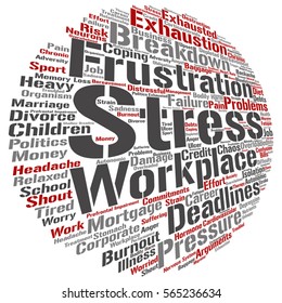 Concepto vectorial estrés mental conceptual en el lugar de trabajo o nube de palabras abstractas en el trabajo aislado en metáfora de fondo a la salud, el trabajo, la depresión, el problema, el agotamiento, la avería, los plazos, el riesgo, la presión