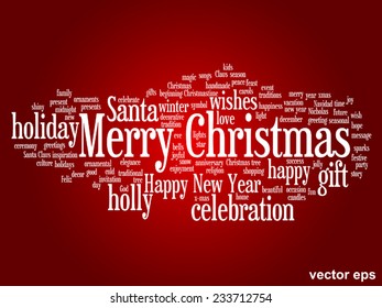 Vector concept or conceptual Merry Christmas holiday or Happy New Year winter abstract text word cloud on red background, metaphor to celebration, Santa, festive, december, love, family, joy or home