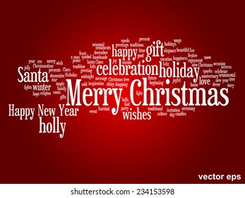 Vector concept or conceptual Merry Christmas holiday or Happy New Year winter abstract text word cloud on red background, metaphor to celebration, Santa, festive, december, love, family, joy or home