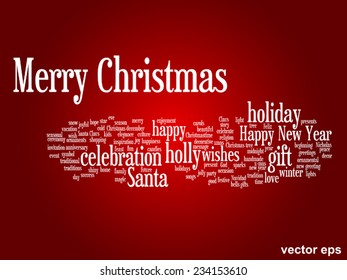 Concepto vectorial o conceptual Feliz Navidad o Feliz Año Nuevo invierno abstracto de texto nube de fondo rojo, metáfora de la celebración, Santa, festivo, diciembre, amor, familia, alegría o hogar