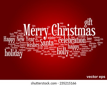 Vector concept or conceptual Merry Christmas holiday or Happy New Year winter abstract text word cloud on red background, metaphor to celebration, Santa, festive, december, love, family, joy or home