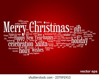 Vector concept or conceptual Merry Christmas holiday or Happy New Year winter abstract text word cloud on red background, metaphor to celebration, Santa, festive, december, love, family, joy or home