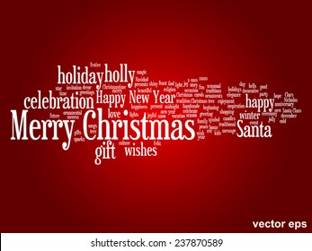 Vector concept or conceptual Merry Christmas holiday or Happy New Year winter abstract text word cloud on red background, metaphor to celebration, Santa, festive, december, love, family, joy or home