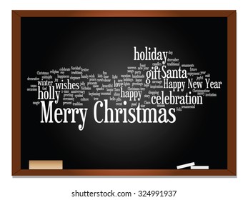 Vetor conceito conceitual Feliz Natal feriado ou Feliz Ano Novo inverno texto abstrato palavra nuvem no fundo quadro-negro, metáfora para a celebração, Santa, festivo, dezembro, amor, família, alegria em casa