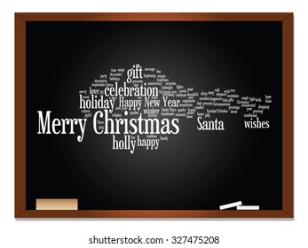 Vector concept conceptual Merry Christmas holiday or Happy New Year winter abstract text word cloud on blackboard background, metaphor to celebration, Santa, festive, december, love, family, home joy