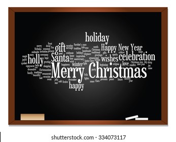 Vector concept conceptual Merry Christmas holiday or Happy New Year winter abstract text word cloud on blackboard background, metaphor to celebration, Santa, festive, december, love, family, home joy