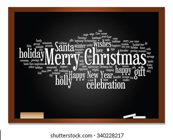 Vector concept conceptual Merry Christmas holiday or Happy New Year winter abstract text word cloud on blackboard background, metaphor to celebration, Santa, festive, december, love, family, home joy