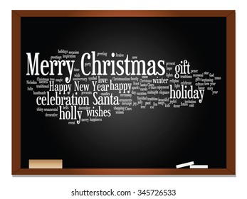 Vector concept conceptual Merry Christmas holiday or Happy New Year winter abstract text word cloud on blackboard background, metaphor to celebration, Santa, festive, december, love, family, home joy