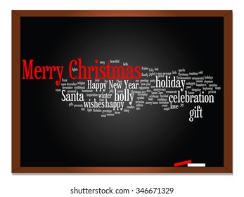 Concepto vectorial Concepto Feliz Navidad o Feliz Año Nuevo invierno abstracto textual nube en el fondo de la pizarra, metáfora de la celebración, Santa, festivo, diciembre, amor, familia, alegría en el hogar