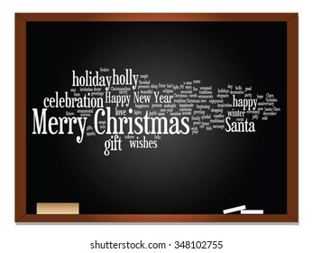 Concepto vectorial Concepto Feliz Navidad o Feliz Año Nuevo invierno abstracto textual nube en el fondo de la pizarra, metáfora de la celebración, Santa, festivo, diciembre, amor, familia, alegría en el hogar