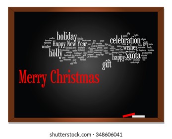 Vectorkonzept konzeptuell Frohe Weihnachtsfeiertage oder Frohe Neujahr Winter abstrakte Textwortwolke auf schwarzem Hintergrund, Metapher zum Feiern, Weihnachten, Feiern, Dezember, Liebe, Familie, Heim-Freude