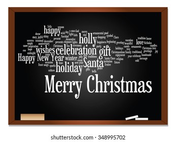 Vector concept conceptual Merry Christmas holiday or Happy New Year winter abstract text word cloud on blackboard background, metaphor to celebration, Santa, festive, december, love, family, home joy
