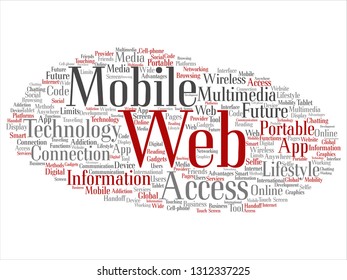 Vector concept or conceptual mobile web portable multimedia technology abstract word cloud isolated background. Collage of access, future app lifestyle communication, social tool, online services text