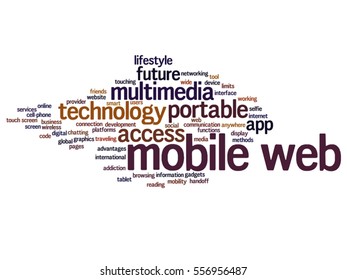 Vector concept or conceptual mobile web portable multimedia technology abstract word cloud isolated on background metaphor to access, future app, lifestyle communication, social tool, online services