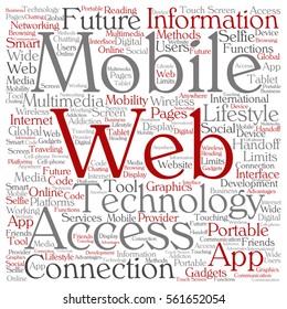 Vector concept or conceptual mobile web portable multimedia technology square word cloud isolated on background metaphor to access, future app, lifestyle communication, social tool, online services