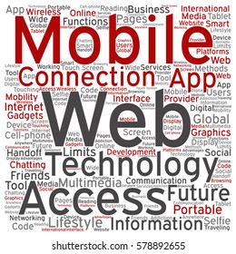 Vector concept or conceptual mobile web portable multimedia technology square word cloud isolated on background metaphor to access, future app, lifestyle communication, social tool, online services