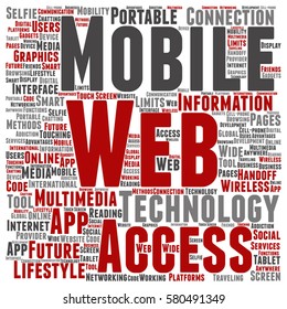 Vector concept or conceptual mobile web portable multimedia technology square word cloud isolated on background metaphor to access, future app, lifestyle communication, social tool, online services