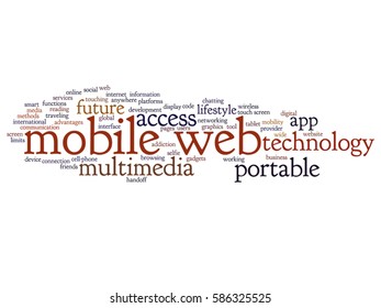 Vector concept or conceptual mobile web portable multimedia technology abstract word cloud isolated on background metaphor to access, future app, lifestyle communication, social tool, online services