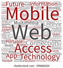 Vector concept or conceptual mobile web portable multimedia technology square word cloud isolated on background metaphor to access, future app, lifestyle communication, social tool, online services