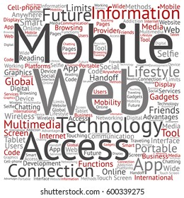 Vector concept or conceptual mobile web portable multimedia technology square word cloud isolated on background metaphor to access, future app, lifestyle communication, social tool, online services