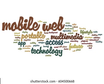 Vector concept or conceptual mobile web portable multimedia technology abstract word cloud isolated on background metaphor to access, future app, lifestyle communication, social tool, online services