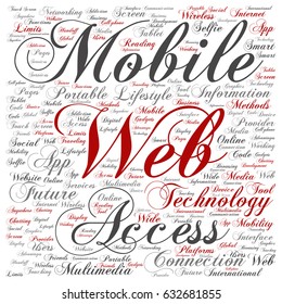 Vector concept or conceptual mobile web portable multimedia technology square word cloud isolated background. Collage of access, future app lifestyle communication, social tool, online services text