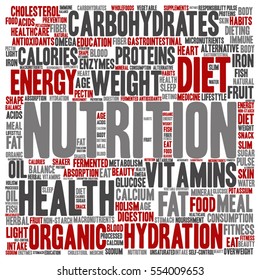 Vector concept or conceptual nutrition health or diet square word cloud isolated on background metaphor to carbohydrates, vitamins, fat, weight, energy, antioxidants beauty medicine, mineral, protein