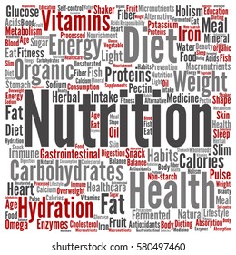 Vector concept or conceptual nutrition health or diet square word cloud isolated on background metaphor to carbohydrates, vitamins, fat, weight, energy, antioxidants beauty medicine, mineral, protein