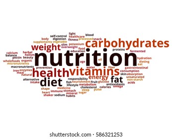 Vector concept conceptual nutrition health or diet abstract word cloud isolated on background  metaphor to carbohydrates, vitamins, fat, weight, energy, antioxidants beauty medicine, mineral, protein