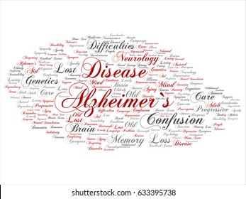 Vector concept conceptual old Alzheimer`s disease symptom abstract word cloud isolated on background. Collage of care, loss, caregiving, aging resistance, neurology, language, motor or resistance text