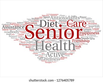 Vektor-Konzept konzeptuelle alte Senioren-Gesundheit, Pflege oder ältere Menschen Behandlung abstrakte Wort Cloud isolierten Hintergrund. Eine Collage aus Gesundheitsversorgung, Krankheit, medizinischer Hilfe, Hilfe, aktivem oder glücklichem Text