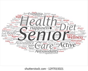 Vector concept conceptual old senior health, care or elderly people treatment abstract word cloud isolated background. A collage of healthcare, illness, medicine assistance, help, active or happy text