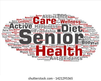 Vector concept conceptual old senior health, care or elderly people treatment abstract word cloud isolated background. A collage of healthcare, illness, medicine assistance, help, active or happy text