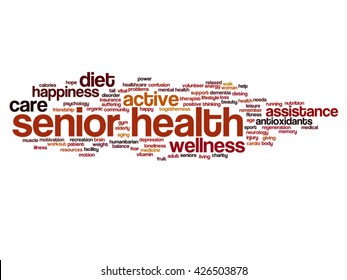 Vector concept conceptual old senior health, care or elderly people abstract word cloud isolated on background, metaphor to healthcare, illness, medicine, assistance, help, treatment, active or happy