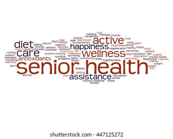 Vector concept conceptual old senior health, care or elderly people abstract word cloud isolated on background, metaphor to healthcare, illness, medicine, assistance, help, treatment, active or happy