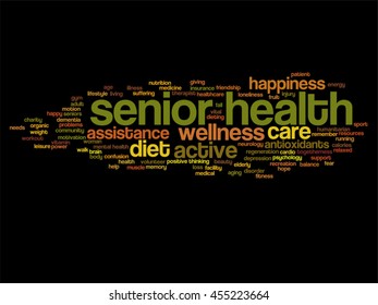 Vector concept conceptual old senior health, care or elderly people abstract word cloud isolated on background metaphor to healthcare, illness, medicine, assistance, help, treatment, active or happy