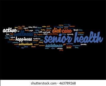 Vector concept conceptual old senior health, care or elderly people abstract word cloud isolated on background metaphor to healthcare, illness, medicine, assistance, help, treatment, active or happy