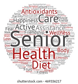 Vector concept conceptual old senior health, care or elderly people abstract round word cloud isolated on background metaphor to healthcare, illness, medicine, assistance, help, treatment active happy
