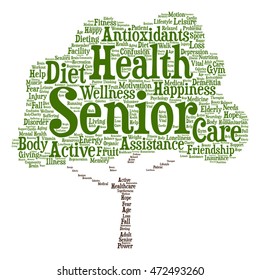Vector concept conceptual old senior health, care or elderly people abstract tree word cloud isolated on background metaphor to healthcare, illness, medicine, assistance, help, treatment, active happy