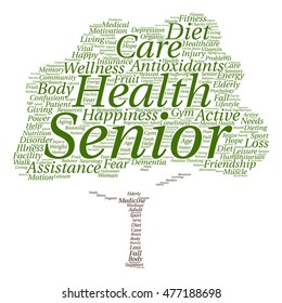 Vector concept conceptual old senior health, care or elderly people abstract tree word cloud isolated on background metaphor to healthcare, illness, medicine, assistance, help, treatment, active happy