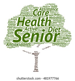 Vector concept conceptual old senior health, care or elderly people abstract tree word cloud isolated on background metaphor to healthcare, illness, medicine, assistance, help, treatment, active happy