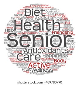 Vector concept conceptual old senior health, care elderly people abstract round word cloud isolated on background metaphor to healthcare, illness, medicine, assistance, help, treatment, active happy