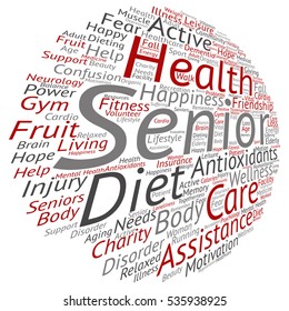 Vector concept conceptual old senior health, care or elderly people abstract word cloud isolated on background metaphor to healthcare, illness, medicine, assistance, help, treatment, active or happy