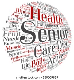 Vector concept conceptual old senior health, care or elderly people abstract word cloud isolated on background, metaphor to healthcare, illness, medicine, assistance, help, treatment, active or happy
