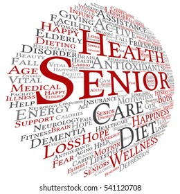 Vector concept conceptual old senior health, care or elderly people abstract word cloud isolated on background metaphor to healthcare, illness, medicine, assistance, help, treatment, active or happy