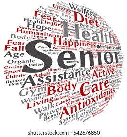 Vector concept conceptual old senior health, care or elderly people abstract word cloud isolated on background  metaphor to healthcare, illness, medicine, assistance, help, treatment, active or happy