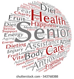 Vector concept conceptual old senior health, care or elderly people abstract word cloud isolated on background metaphor to healthcare, illness, medicine, assistance, help, treatment, active or happy