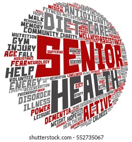 Vector concept conceptual old senior health, care or elderly people abstract word cloud isolated on background metaphor to healthcare, illness, medicine, assistance, help, treatment, active or happy
