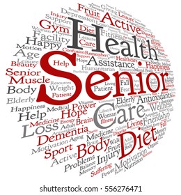 Vector concept conceptual old senior health, care or elderly people abstract word cloud isolated on background metaphor to healthcare, illness, medicine, assistance, help, treatment, active or happy